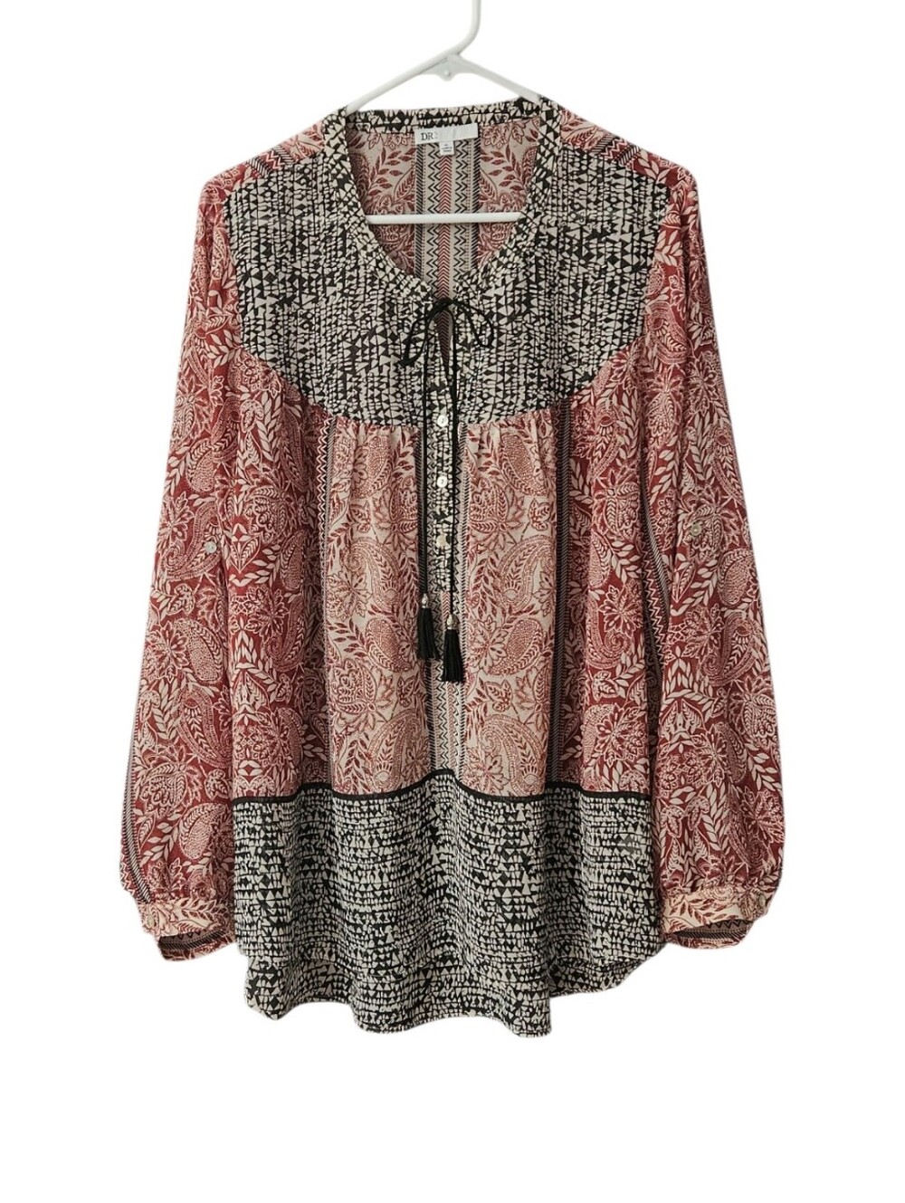 DR2 Daniel Rainn Blouse Tunic Front Tassel Tie Buttons Women XL Long Sleeve Boho